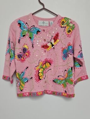 Design Options Cardigan Sweater Womens Sz SPink Butterfly Sequin Beaded Colorful